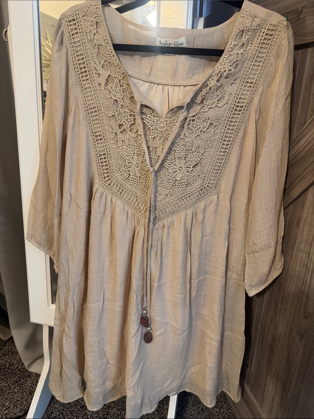 Beige Crochet Yoke Boho Tunic